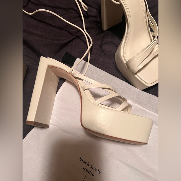 Black Suede Studio White Wrap Around Tie Up Platform Disco Sasha REVOLVE Heels - Picture 11 of 14
